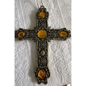 Vintage Cross Ornament Amber Glass Stones Brass Tone Made in Taiwan‎